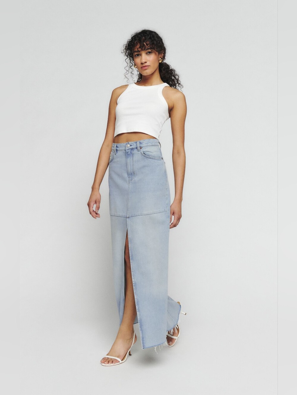 Reformation Tazz maxi denim skirt in light wash, 25